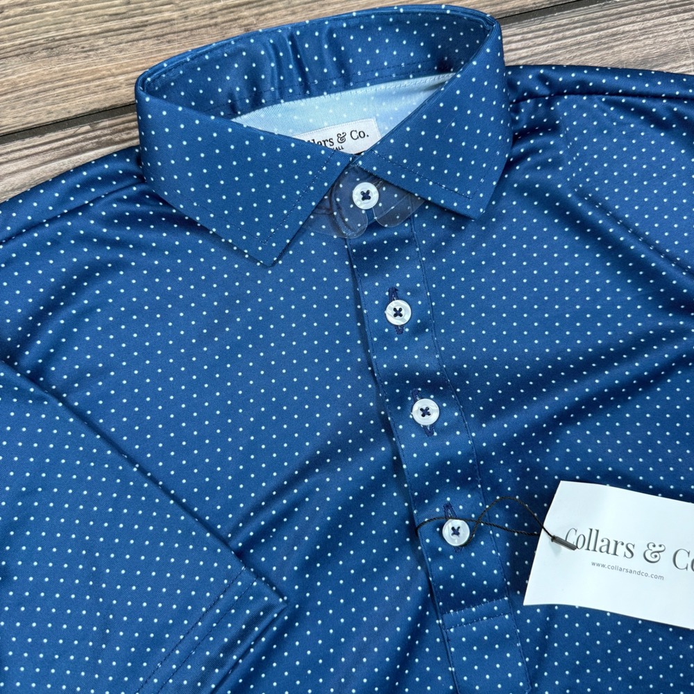 Collars & Co Men Dress Collar Polo Size Small Blue Polka Dot Performance
